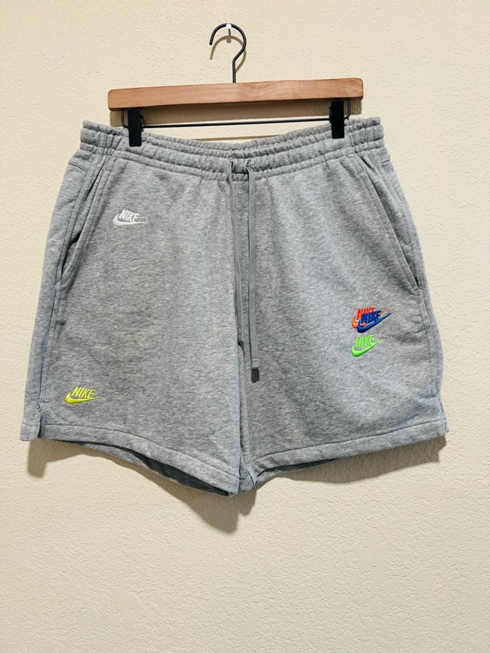 Nike Men's Grey Fleece Athletic Shorts with Multi-Logo Detail Large